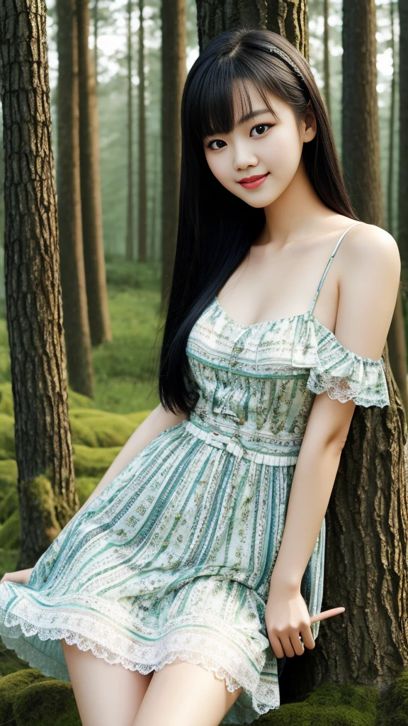 girl, Masterpiece Mastepiece, Best Quality, Illustration, Highly detailed, fine detail, high resolution, high level image quality, 8K Wallpaper, a Korean girl, korean idol, Perfect dynamic composition, Beautiful detailed eyes, Random Dress, Long black hair to to knee,Natural Color Lips,Random and sexy pose,Beautiful skin,Smile,20 year old girl,Dream Forest background