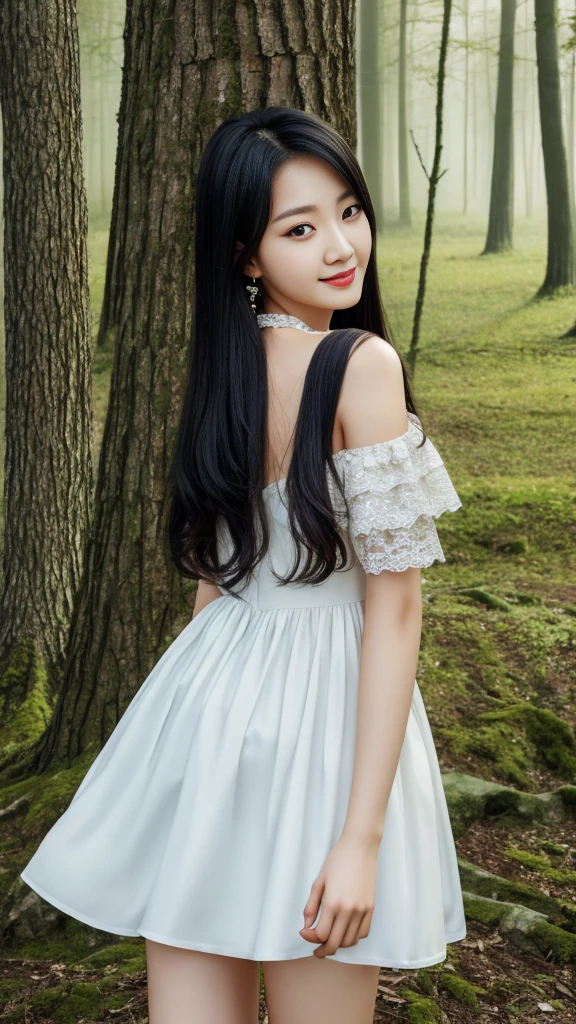 girl, Masterpiece Mastepiece, Best Quality, Illustration, Highly detailed, fine detail, high resolution, high level image quality, 8K Wallpaper, a Korean girl, korean idol, Perfect dynamic composition, Beautiful detailed eyes, Random Dress, Long black hair to to knee,Natural Color Lips,Random and sexy pose,Beautiful skin,Smile,20 year old girl,Dream Forest background
