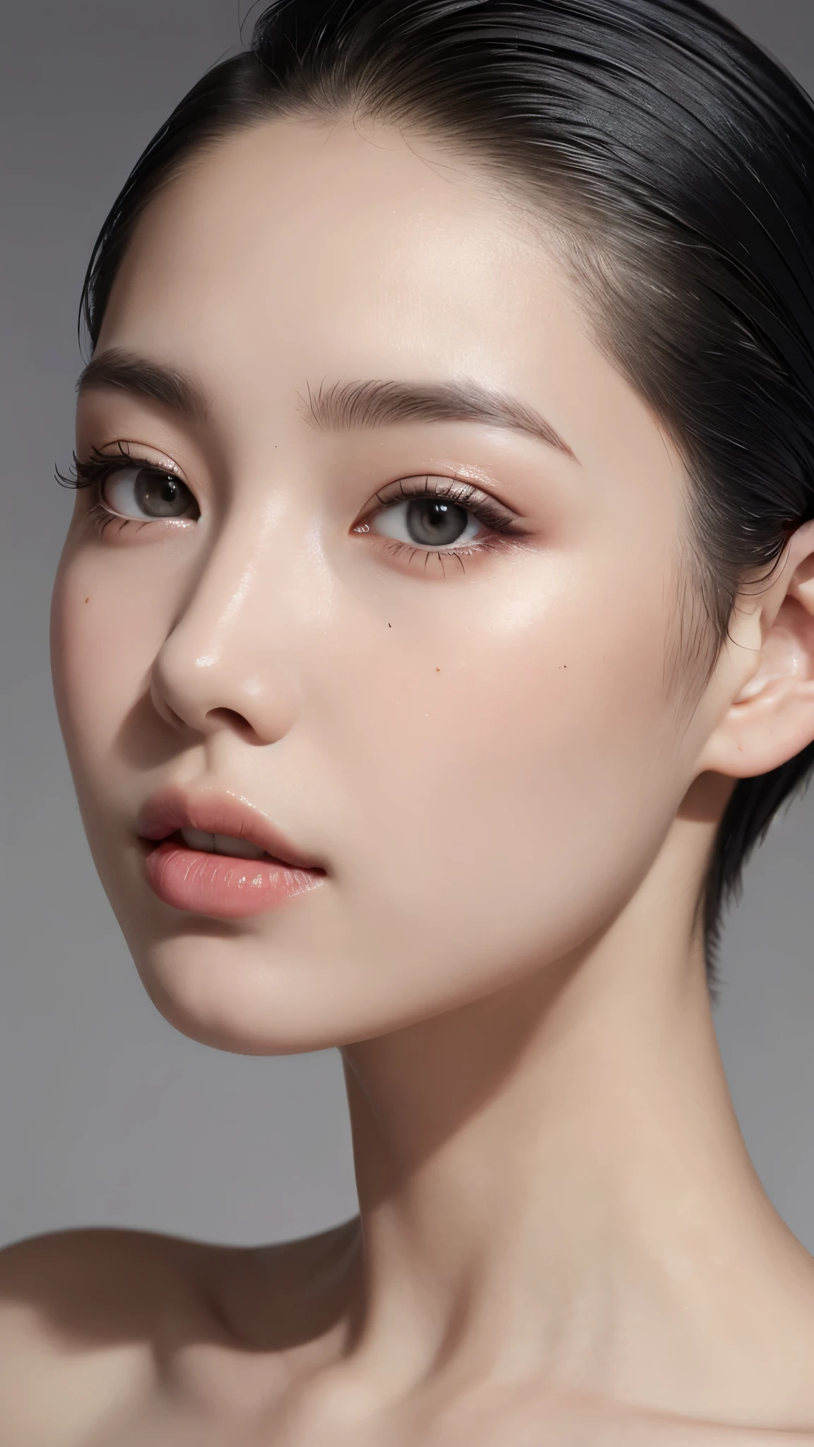 natural skin,(close-up:1.0) photo of as (young:1.0) woman, (oiled skin:1.0), (tilted angle shot:1.0), (slick undercut hair:1.2), (8k uhd:1.0), (best quality:1.0), (masterpiece:1.0), (sharp focus:1.0), (basic grey backdrop:1.0), 