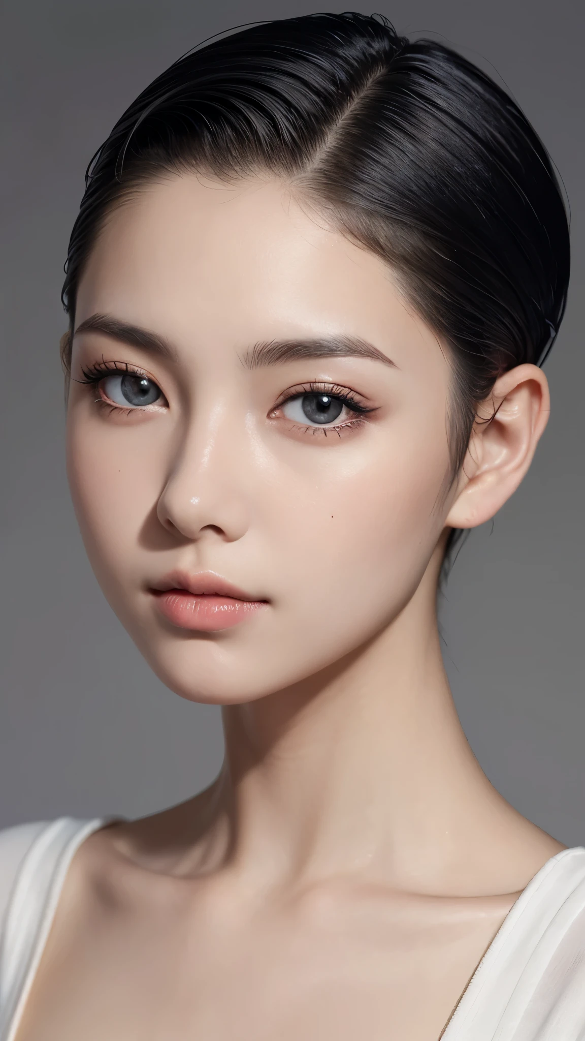 natural skin,(close-up:1.0) photo of as (young:1.0) woman, (oiled skin:1.0), (tilted angle shot:1.0), (slick undercut hair:1.2), (8k uhd:1.0), (best quality:1.0), (masterpiece:1.0), (sharp focus:1.0), (basic grey backdrop:1.0), 