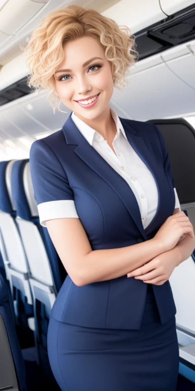 (white flight attendant uniform),looking at viewer,smiling,happy,curly blond short hair, standing, inside the airplane,