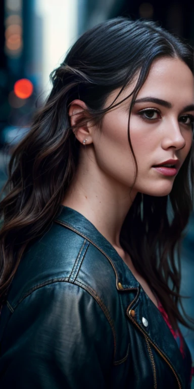Full face portrait photo of a 25-year-old European girl, RAW, beautiful woman, semi-open strawberry lips, dimples, wistful look, (extra long wavy brown hair), ((detailed face)), ((detailed facial features)), (finely detailed skin), pale skin, (deep neckline detailed high-tech cyberpunk dress), cyberpunk megacity environment, (cool colors), damp, damp, reflections, (masterpiece) (perfect proportion)(realistic photo)(best quality) (detailed) shot on a Canon EOS R5, 50mm lens, F/2.8, HDR, (8k) (wallpaper) (cinematic lighting) (dramatic lighting) (sharp focus) (intricate), RAW photo, RAW photo, gigachad photo, posing for camera, black jeans, back arms, 8k uhd, dslr, high quality, grain film, Fujifilm XT3, film stock photography 4 kodak portra 400 camera f1.6 lens rich colors hyper realistic texture dramatic lighting unrealengine trend in artstation cinestill 800 tungsten, toughboy style, ultra focus face, intimidating, in fighting position, short messy hair, muscular, bursting veins, beaded