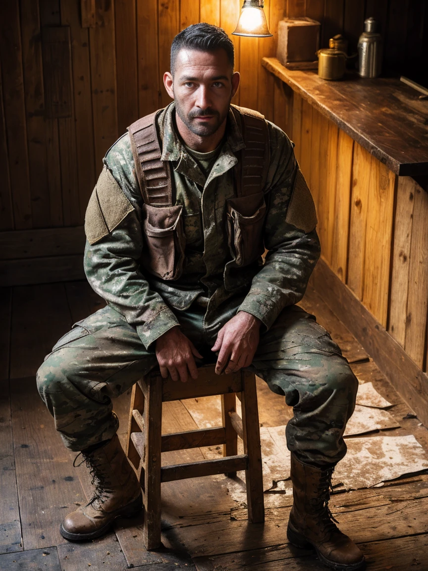 front view, man 38 years old, machine gun in his hands, mercenary, sitting on a wooden stool, strong sweaty and stained with mud body, camouflage makeup on his face, wearing an old dirty military vest, old military pants, lace-up military boots, old dirty wooden floor, dark interior of a wooden barracks without windows, dark atmosphere, old torn posters on the walls, garbage on the floor, lamp light of one lamp from above, raytracing, photorealistic, Dark