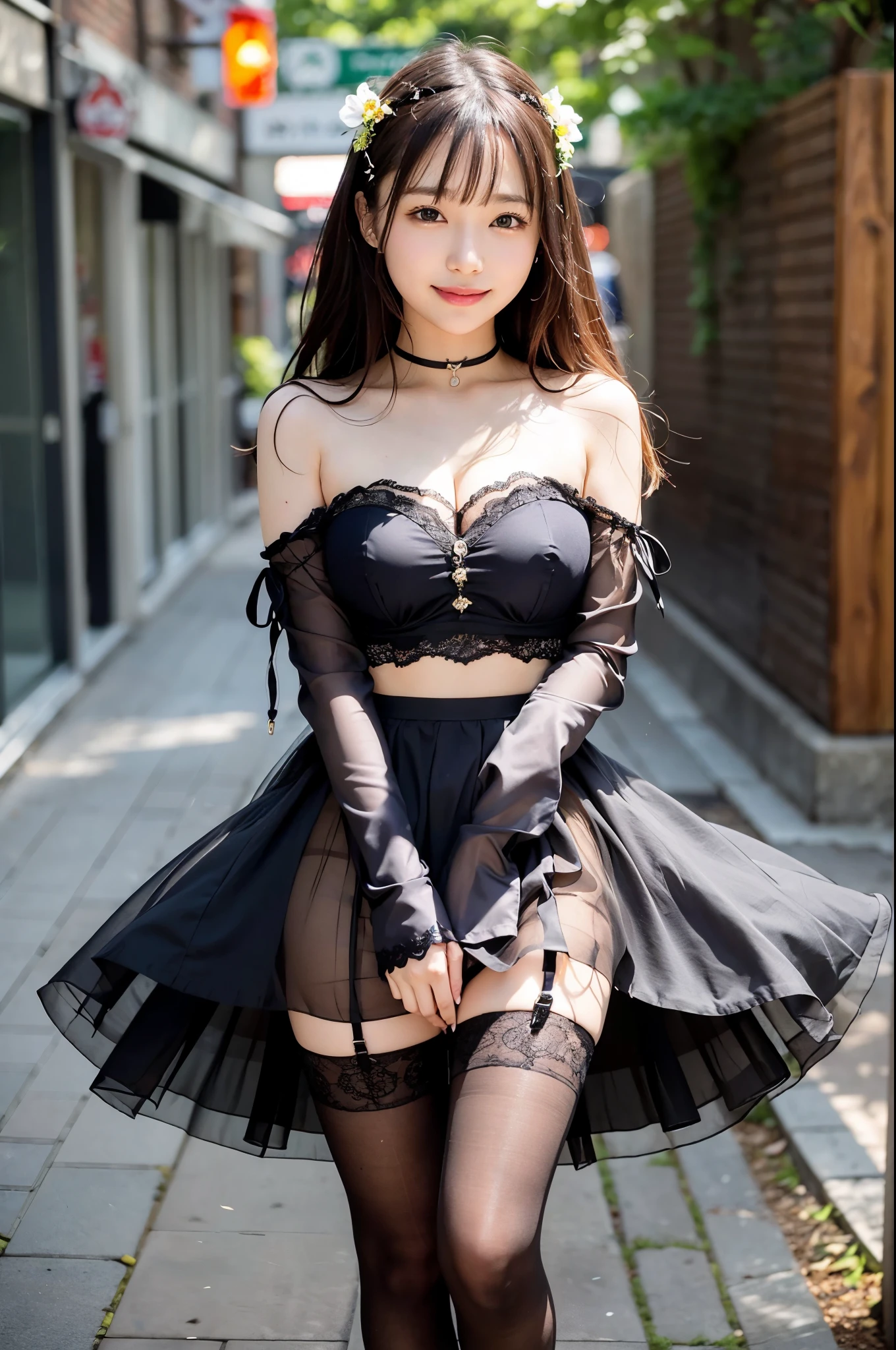 Ulsan-6500-V1.1, (RAW photo:1.2), (realistic), beautiful detailed girl, (See-through:1.3),  (manco real: 1.4), very detailedな目と顔, beautiful and fine eyes,  (strapless blouse, Black lace skirt, super realistic pantyhose:1.3, black choker)、 (very affectionate smile:1.4)、huge file size, High resolution, very detailed, highest quality, [masterpiece:1.6], An illustration, very detailed, ticker, small details, highest quality, 8k wallpaper, movie lighting, 1 girl, , perfect body shape, cute droopy eyes beautiful big eyes、peck your finger, ((pieces fly)), highest quality, 1 girl, eye shadow, upper body whole body, portrait photography, ((full body shot:1.4))、