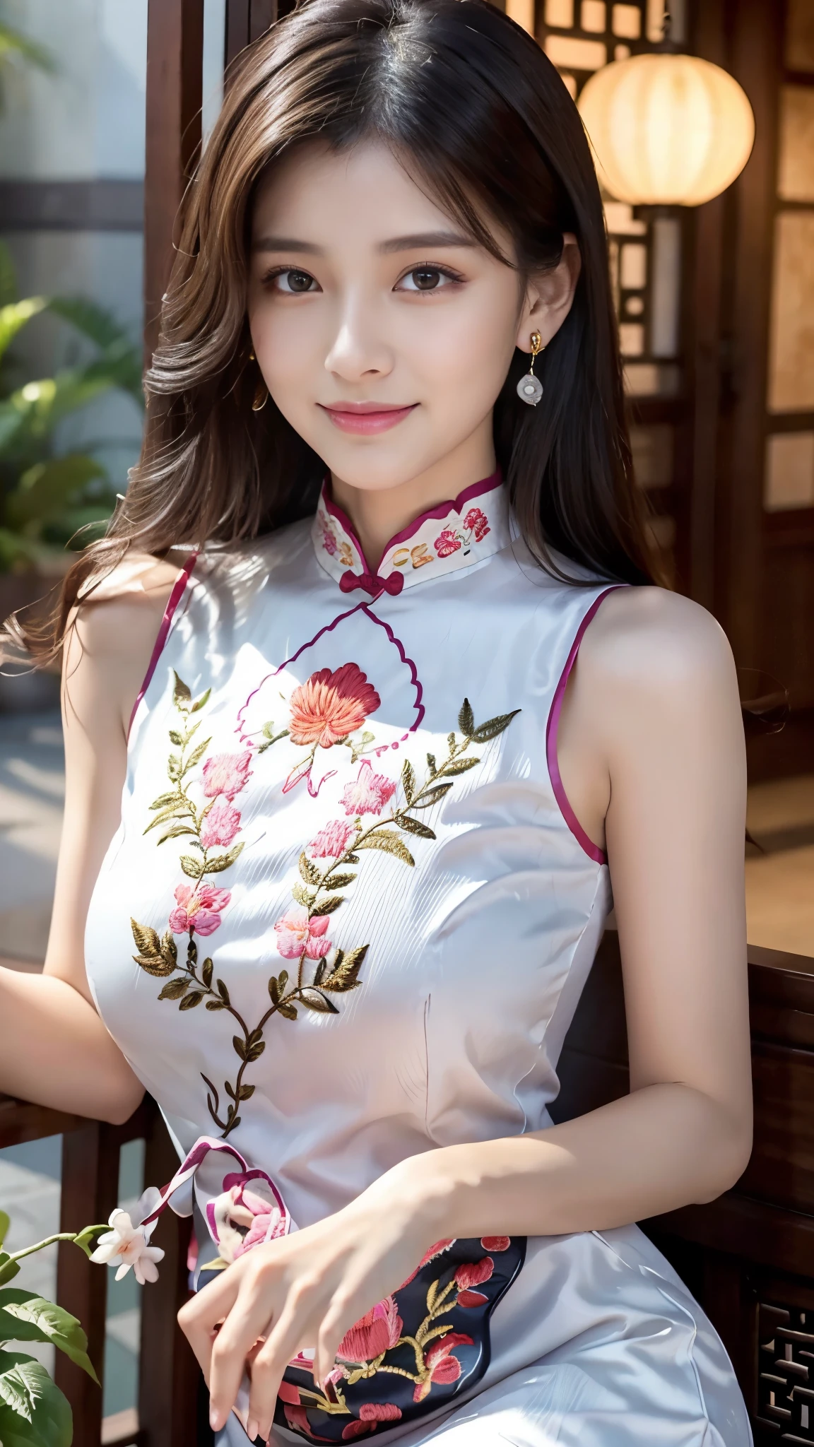 Ulchan-6500-v1.1, (Photo RAW:1.2), (realistic:1.4), delicate beautiful girl, The sparkling eyes give it a very fun atmosphere................. . ......,17 years old, Attractive eyes and moist lips, long black hair,（smile：1.3）,Detailed facial depiction, Formula details, Fine facial features Star Masterpiece Fine Detail, Explain the role in detail ,detailed drawing of hair, Carefully drawn, My body is rippling, detailed hand drawn, Detailed drawing of the garment, Detailed drawing of faces, perfect face, detailed hand drawn, 4 fingers and 1 thumb：1 ,3）,orthofacial,choker necklace, earrings, expert work, very close to reality, (whole body写真： 1.5）), best image quality, highest quality, Unlimited details, 8K resolution,(( (Beautiful patterned embroidered cheongsam 1.5)))((Pink lavender long skirt cheongsam dress)))（Ancient courtyard scene：1.3）,smile, narrowed hips, sexy pose,bold pose, (Beautiful legs visible through the slit of a long skirt) , big full breast, beautifully flowing hair,(whole body), (cute face: 1.15), (big breasts: 1.0) high heels, Big sexy hips, medium sexy thighs