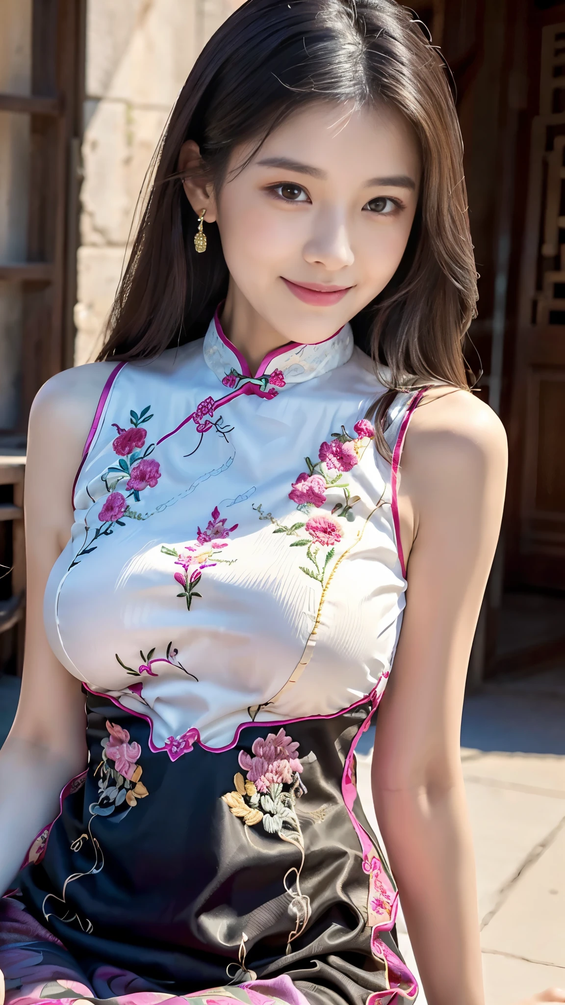 Ulchan-6500-v1.1, (Photo RAW:1.2), (realistic:1.4), delicate beautiful girl, The sparkling eyes give it a very fun atmosphere................. . ......,17 years old, Attractive eyes and moist lips, long black hair,（smile：1.3）,Detailed facial depiction, Formula details, Fine facial features Star Masterpiece Fine Detail, Explain the role in detail ,detailed drawing of hair, Carefully drawn, My body is rippling, detailed hand drawn, Detailed drawing of the garment, Detailed drawing of faces, perfect face, detailed hand drawn, 4 fingers and 1 thumb：1 ,3）,orthofacial,choker necklace, earrings, expert work, very close to reality, (whole body写真： 1.5）), best image quality, highest quality, Unlimited details, 8K resolution,(( (Beautiful patterned embroidered cheongsam 1.5)))((Pink lavender long skirt cheongsam dress)))（Ancient courtyard scene：1.3）,smile, narrowed hips, sexy pose,bold pose, (Beautiful legs visible through the slit of a long skirt) , big full breast, beautifully flowing hair,(whole body), (cute face: 1.15), (big breasts: 1.0) high heels, Big sexy hips, medium sexy thighs