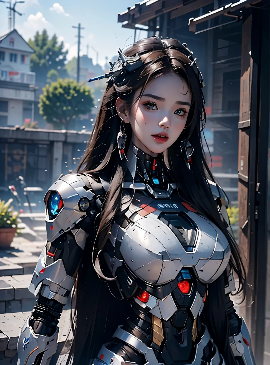 rough skin, Super detailed, advanced details, high quality, better quality, High resolution, 1080P, hard disk, beautiful,(Iron Patriot),beautifulサイボーグの女性,Mecha cyborg ,battle mode, with mechanical body,She wears a futuristic Iron Patriot mech,full body shot