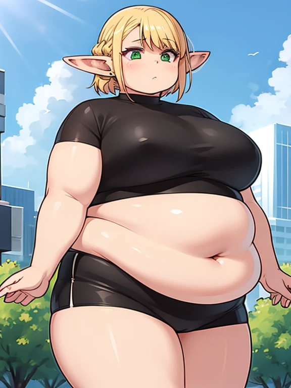 fat erufuda, short hair, pointy ears, obese elf, blonde hair, (green eyes:1.5), braid, chubby body, chubby belly, strong arms, thick thighs, very cute, 4K