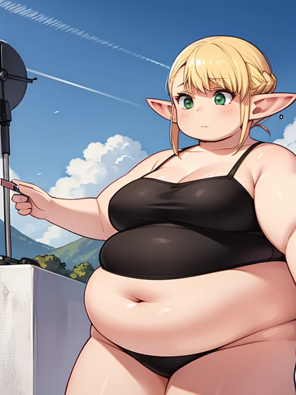 fat erufuda, short hair, pointy ears, obese elf, blonde hair, (green eyes:1.5), braid, chubby body, chubby belly, strong arms, thick thighs, very cute, 4K