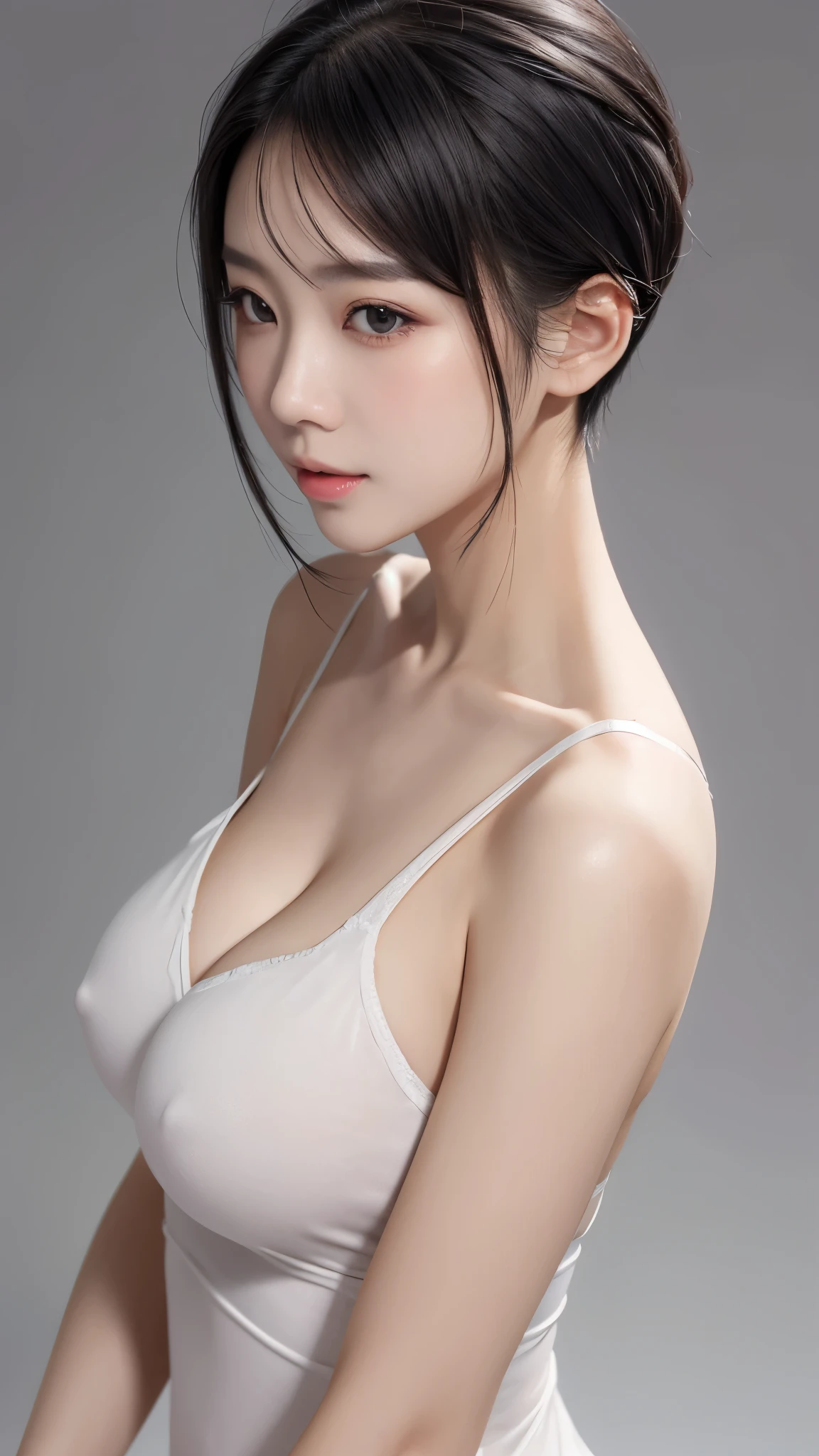 natural skin,(close-up:1.0) photo of as (young:1.0) woman, (oiled skin:1.0), (tilted angle shot:1.0), (slick undercut hair:1.2), (8k uhd:1.0), (best quality:1.0), (masterpiece:1.0), (sharp focus:1.0), (basic grey backdrop:1.0), ,露出乳房,露出胸部,露出乳房,巨大的乳房,巨大的胸部,全身显示