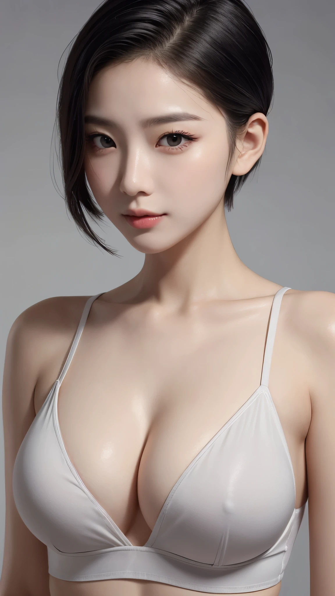 natural skin,(close-up:1.0) photo of as (young:1.0) woman, (oiled skin:1.0), (tilted angle shot:1.0), (slick undercut hair:1.2), (8k uhd:1.0), (best quality:1.0), (masterpiece:1.0), (sharp focus:1.0), (basic grey backdrop:1.0), ,露出乳房,露出胸部,露出乳房,巨大的乳房,巨大的胸部,全身显示