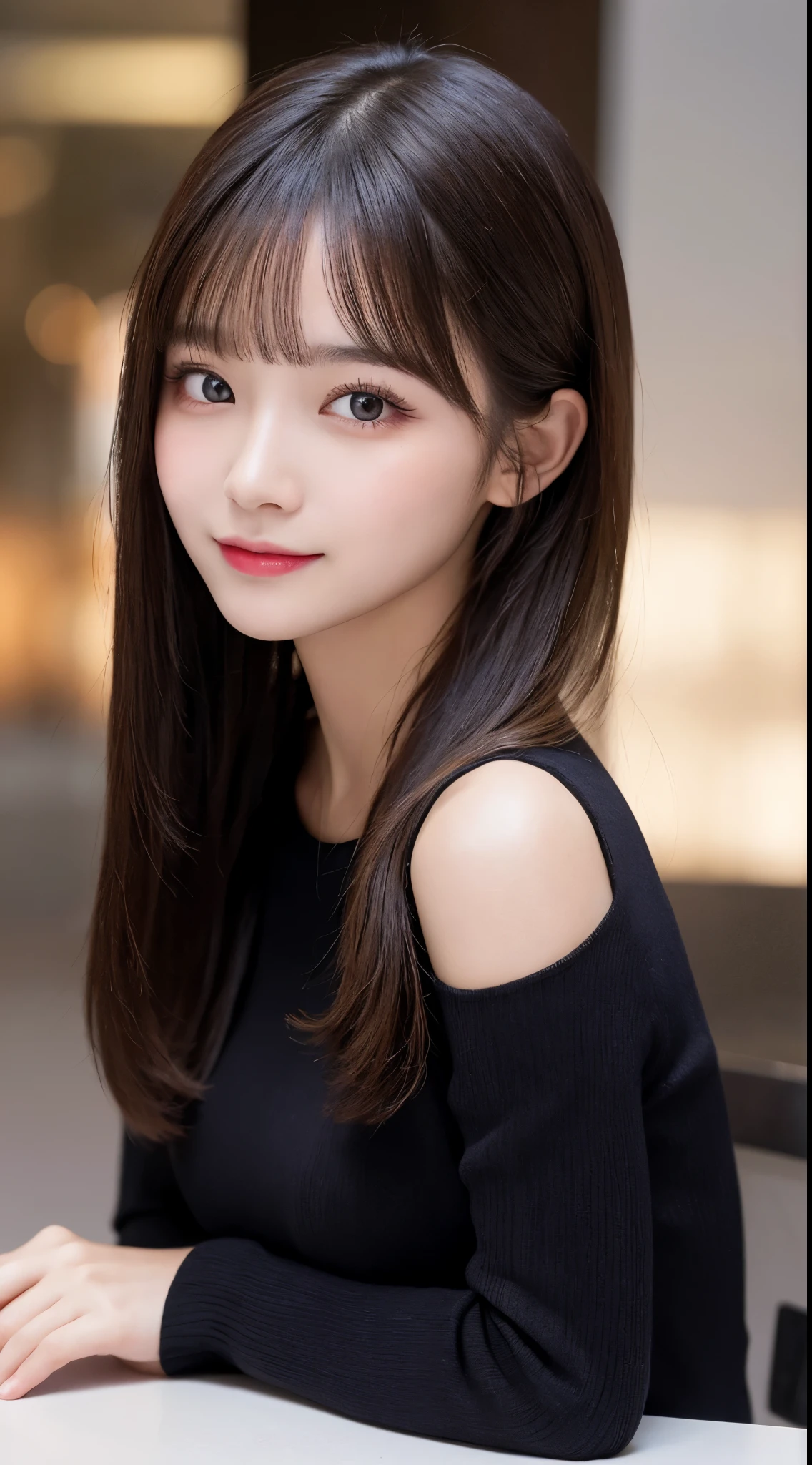 on the table, best quality, shape, super detailed, finely, high resolution, 8k wallpaper, 完璧なダイナミックな構shape, Beautiful and delicate eyes, Gorgeous and stylish black fluffy latest Tokyo winter wear,ランダムなLovely髪,small breasts,natural color lips, Bold sexy pose,Smile、20 year old girl、Lovely、Sexy shot looking at camera,always blur background,Perfect and beautiful face,Just slap your face,Beautiful and detailed face、Face slimming and style,big eyes、Do girl makeup