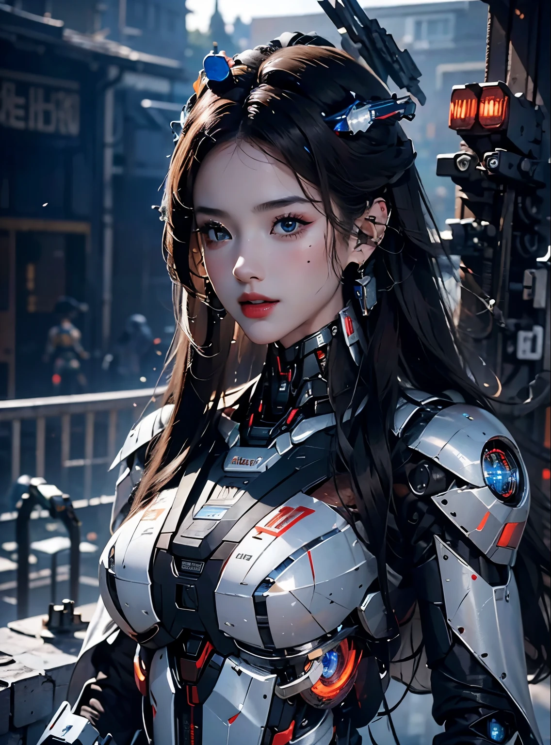 rough skin, Super detailed, advanced details, high quality, better quality, High resolution, 1080P, hard disk, beautiful,(Iron Patriot),beautifulサイボーグの女性,Mecha cyborg ,battle mode, with mechanical body,She wears a futuristic Iron Patriot mech,full body shot