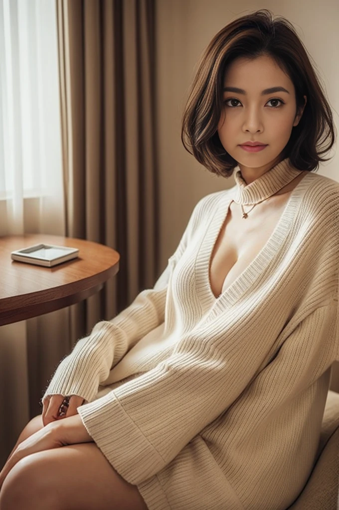 masterpiece, best quality, 16K, hotel, old woman, interior photo, shy, embarrassed, sitting on the floor, looking at viewer, front view, long hair, wave hair, black hair, eyes open, (large breasts:1.28), (wrinkles corners eyes:1.38), (nasolabial:1.38), (old skin:1.38), wrinkles skin, freckled skin, pale skin, (old muscles:1.2), slender, {virgin killer sweater, (sweater dress:1.2), ribbed sweater,sideboob,cleavage cutout, turtleneck sweater,(white sweater:1.3),crop top navel}, piercing, necklace, elderly, old, japanese, inside, in the bedroom, with a bed, with a window, with a table, with a sofa, at night, nsfw, full body shot, from front, front view, best light