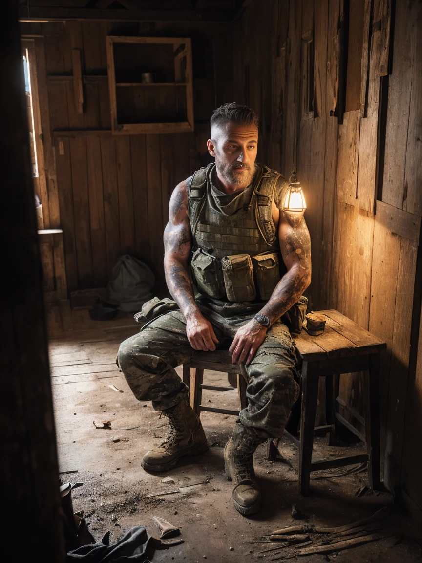 front view, man 38 years old with machine gun, mercenary, sitting on a wooden stool, strong sweaty and stained with mud body, camouflage makeup on his face, wearing an old dirty military vest, old military pants, lace-up military boots, old dirty wooden floor, dark interior of a wooden barracks without windows, dark atmosphere, old torn posters on the walls, garbage on the floor, lamp light of one lamp from above, raytracing, photorealistic, Dark