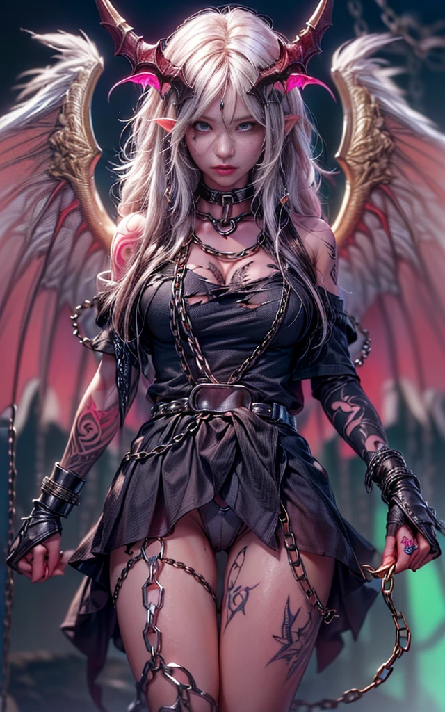(RAW shooting:1.5, realistic:1.5, dark fantasy:1.5, 8K), (highest quality, masterpiece, ultra high resolution), Desolate demon world, ((perfect dynamic composition:1.7, Detailed tattoos on the whole body:1.6, wears elaborate jewelry:1.6)), Highly detailed skin and facial textures:1.3, Detail of limbs, (Cute sexy succubus demon with big wings:1.3, beautiful and aesthetic:1.3), prisoner of war, slave, Horn, Fair skin, open your legs, chaos, darkness, (Correctly wear heavily torn clothes off-shoulder:1.3), Huge breasts that are about to explode, Do not show areola, big chest gap, (The expression on your face when you feel intense caress, Facial expression when feeling pleasure, A look drowning in pleasure), beautiful blue eyes, Eyes that feel beautiful eros, sexy face, blush, (Too erotic and cute:0.9, Bewitching:0.9), ((torture:1.5, Lots of chains:1.6, countless chains tangled in clothes:1.6, chain the right arm:1.5, chain the left arm:1.5, Bind the right leg with shackles and chains:1.5, Bind the left leg with shackles and chains:1.5)), (((An incomprehensible amount of liquid flows throughout the body:1.5))), super long blonde curly hair, View from the knee up
