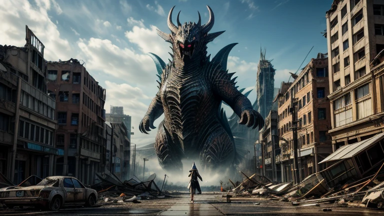 (sexy sorceress in Destroyed City), Kaiju in Background, Masterpiece, ultra real, 4K quality, Ultra Detailed, looks at the viewer, real 3D.