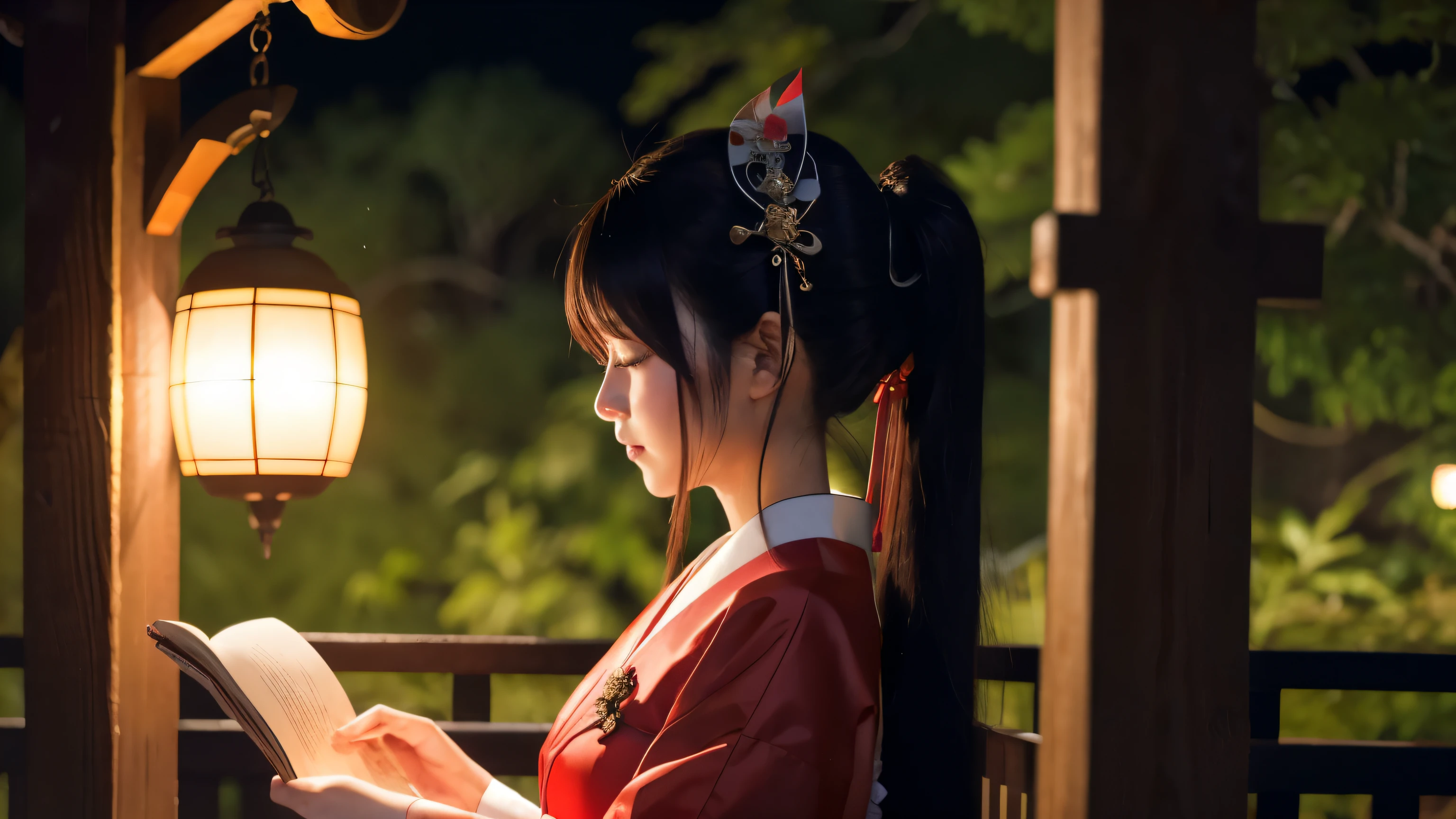 Japanese style beauty with long black hair、shrine maiden costume、Read a book in the dark with your head down and your eyes closed、profile、