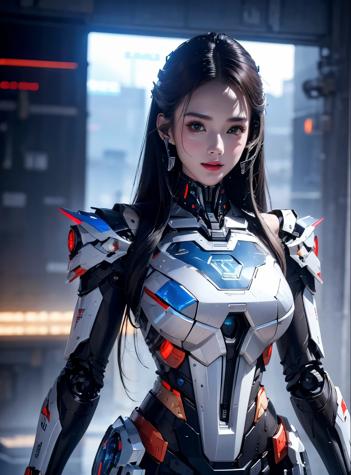 rough skin, Super detailed, advanced details, high quality, better quality, High resolution, 1080P, hard disk, beautiful,(Iron Patriot),beautifulサイボーグの女性,Mecha cyborg ,battle mode, with mechanical body,She wears a futuristic Iron Patriot mech,full body shot