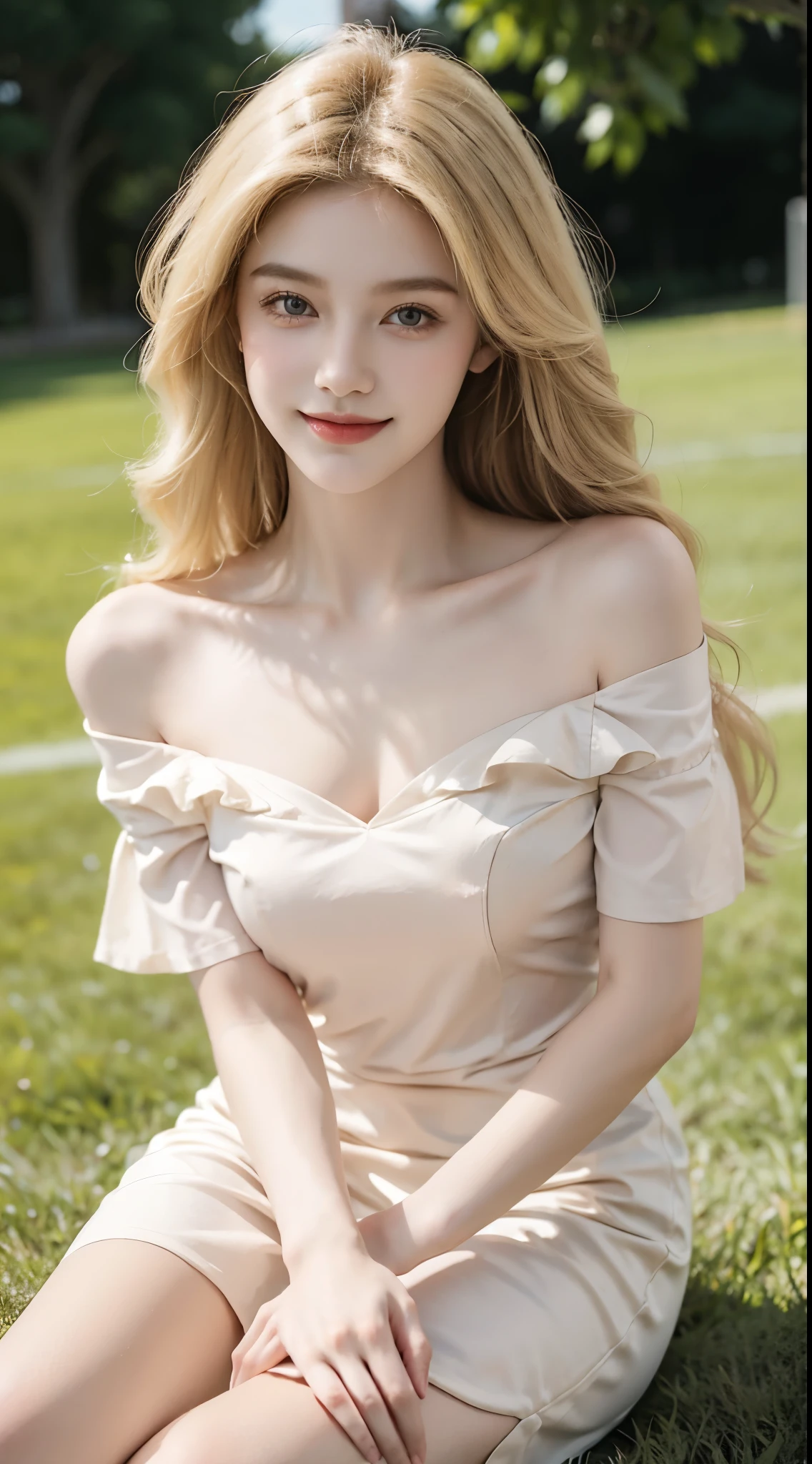 short sleeves,off shoulder, dress,, best quality，masterpiece，ultra high resolution，（fidelity：1.4），RAW photos，20-year-old sexy model, cute young girl, messy long hair，smiled shyly, curls, blond hair, Campus style, on a football field, Pose gracefully, Posing for photos, Random shooting angle, Surprising detail，The content is very detailed, smooth skin, Warm color palette