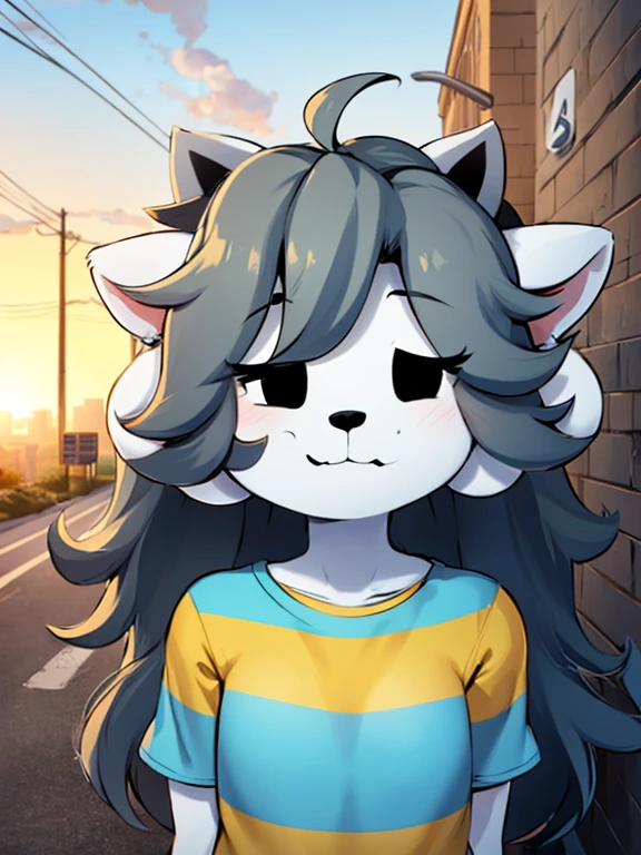 (temmie:1.2), anthro, gynomorph, (cat ears, temmie ears:1.1), (blue and yellow (striped shirt:1.3)), (face focus:1.2, upper body focus:1.1), grey hair, long hair, white fur, city, alleyway, fog, plants, sunrise, dramatic lighting, 