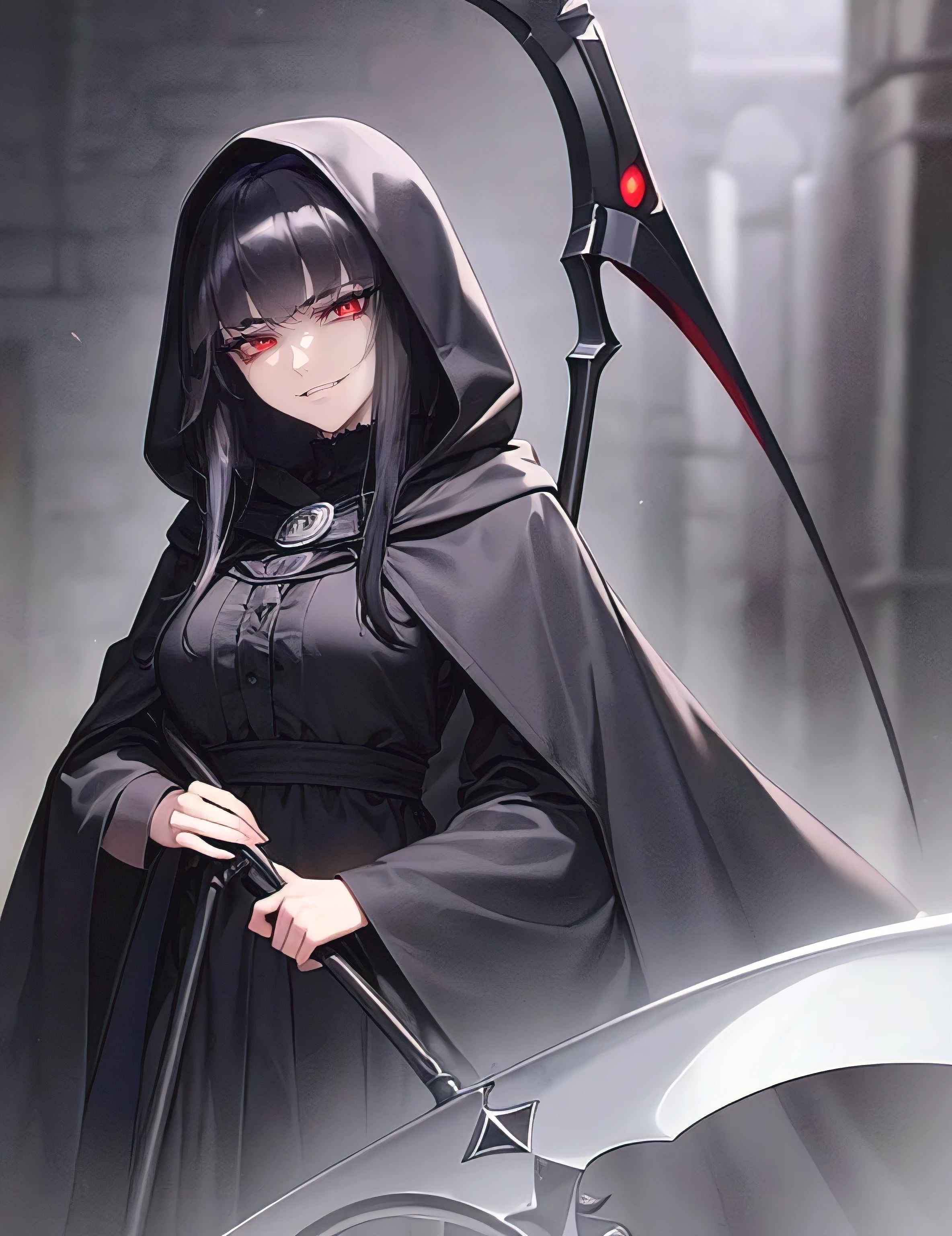(Best quality, 4k, Masterpiece :1.3, 8k, ultra-detailed, ultra-masterpiece), mature pretty woman, ultra-detailed face, detailed lips, full lips, detailed eyes, double eyelid, Black hood, Hiding face, Glimpse of macabre smile, sinister, Dangerous girl, Hooded woman, (((Dungeon, Dark Dungeon, Dungeon Background))) villainous look, evil look, (((holding a scythe))), ((Red Eyes, black hair)), ((((Black cloak covering the body)))), full body view, (((tall girl)))