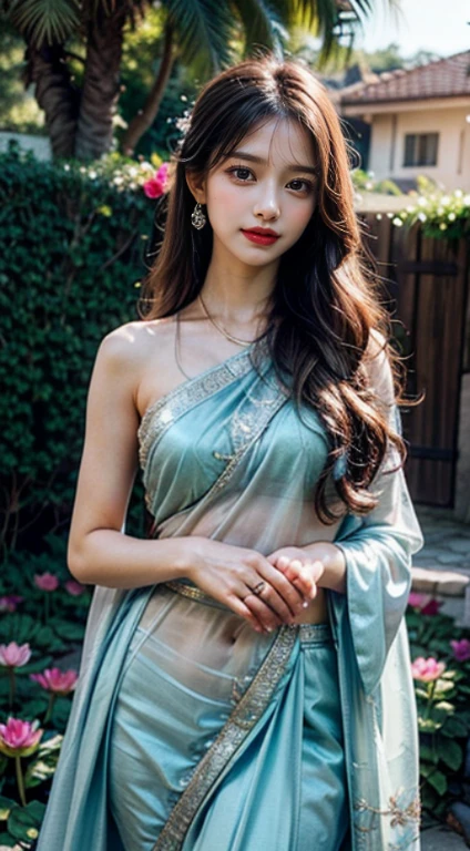 girl,Wearing elegant 100% transparent saree,curly long hair,deep black eyes,glossy red lips,brown skin,lotus flower in her hair,bindi on forehead,palm tree decorated with henna,In the blooming garden,bright colorful flowers,green grass,blue sky,sunlight shining down on her,calm and gentle expression,There's a faint smile on her face,Fingers gently touching the petals,Body language full of grace and elegance, scenic beauty,painting as a medium,detailed and vivid,high resolution images,photorealistic rendering,Bright colors,soft and warm lighting, her exposure, , Visible vagina and clitoris