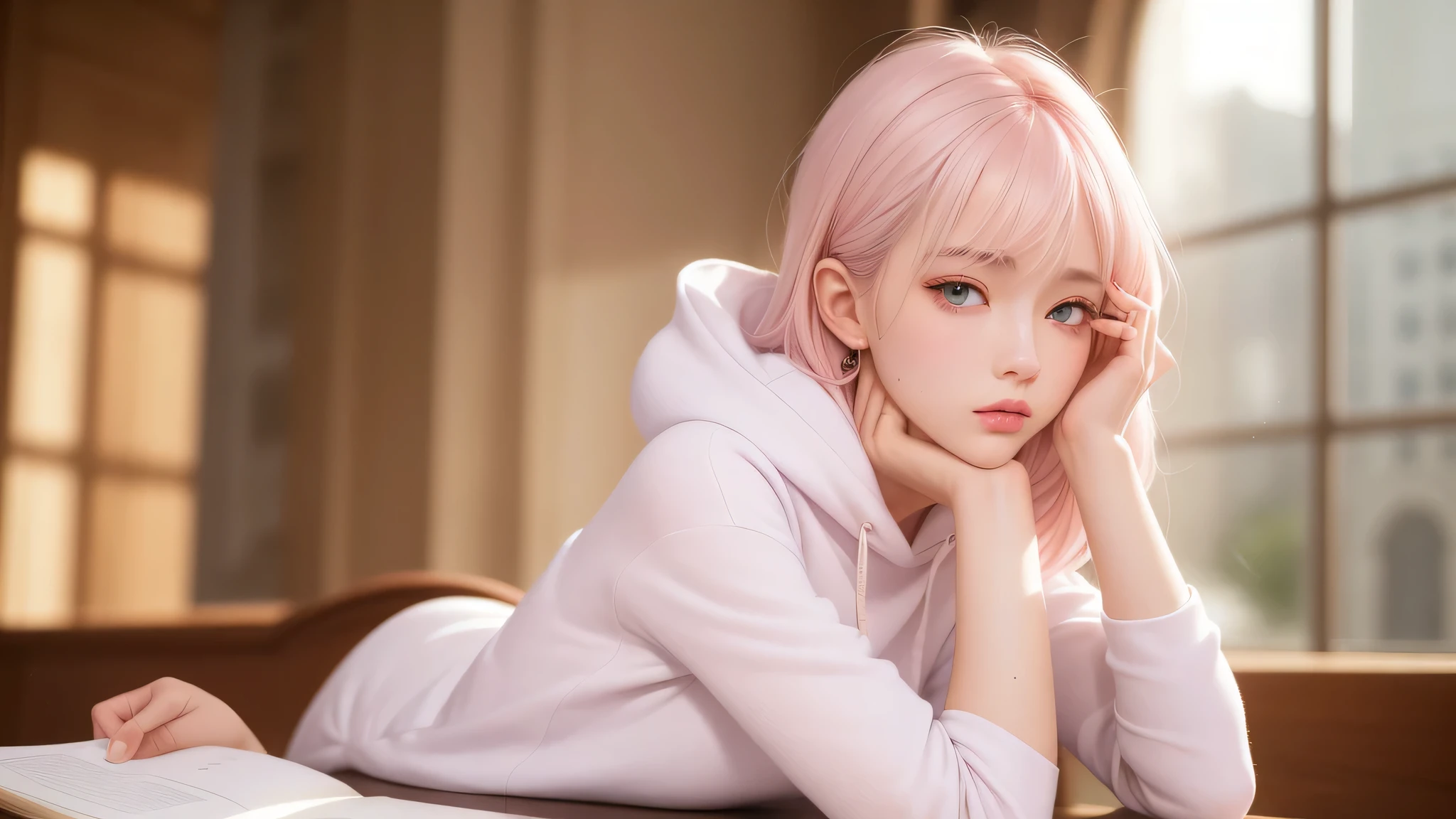 (masterpiece, highest quality), intricate details, thin, ((slim)), beautiful girl, light pink hair, white skin, light purple eyes, sharp jaw line, hoodie, messy hair, plump lips, Upper body, close, seriously,praise,relax,one person,attitude to study、Not erotic、、from far away、