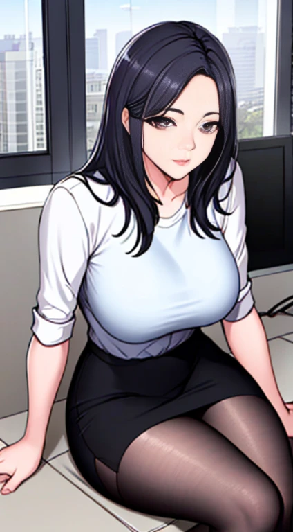 (8K, RAW photos, Best quality, tmasterpiece:1.2),1 Sister,Alone,,cabelos preto e longos,black hair color hair, ,Lop,white  shirt,pencil skirts,black pantyhoses,,sitted, Office room,looking at viewert,