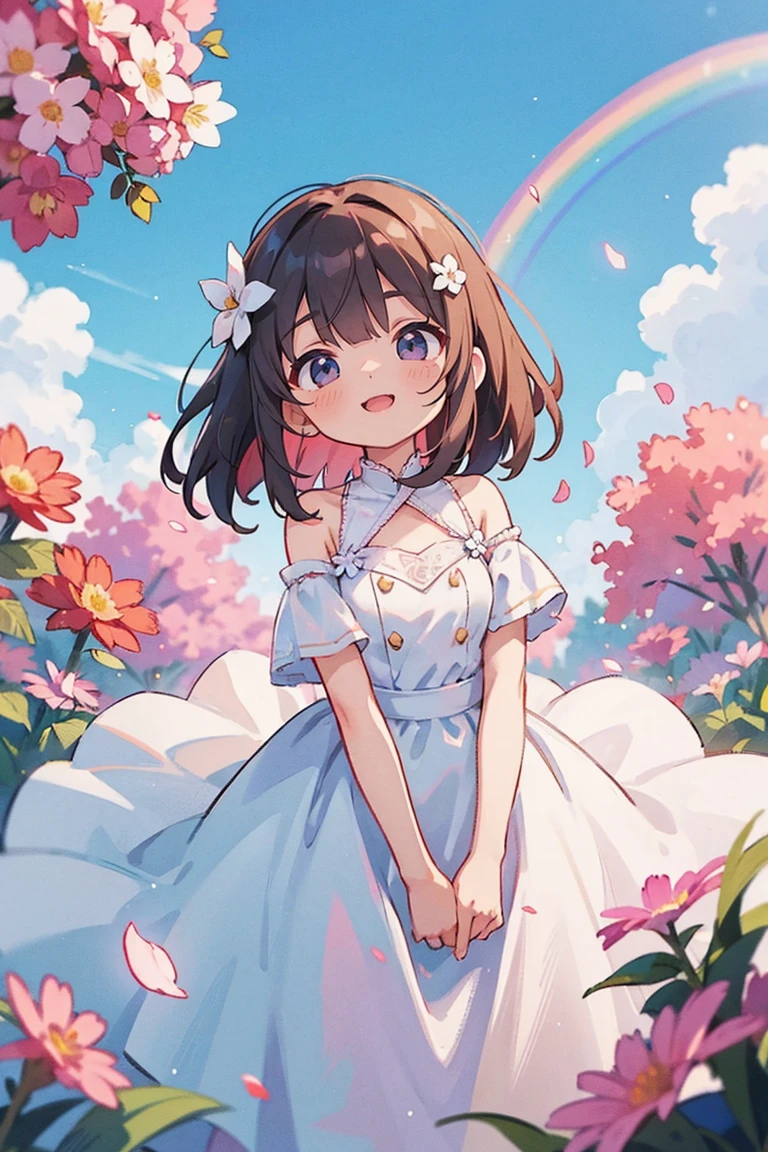 fotoRealstic、Nedloyd in a wedding dress stands in front of the painting、Um sorriso、Aquarela que Nidoro gosta、(HD Graphics)、Flowing rainbow silk、Face superior、head looking up、Colorcon with heart motif、Vestido florido、Viburnum also has flowers in front、flower petals、temporada!!: summer☀ 🍂