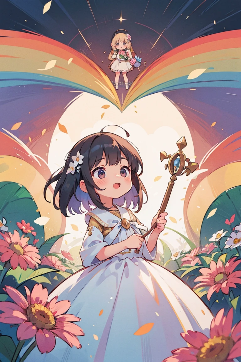 fotoRealstic、Nedloyd in a wedding dress stands in front of the painting、Um sorriso、Aquarela que Nidoro gosta、(HD Graphics)、Flowing rainbow silk、Face superior、head looking up、Colorcon with heart motif、Vestido florido、Viburnum also has flowers in front、flower petals、temporada!!: summer☀ 🍂