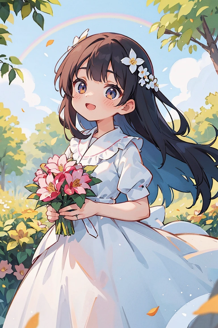fotoRealstic、Nedloyd in a wedding dress stands in front of the painting、Um sorriso、Aquarela que Nidoro gosta、(HD Graphics)、Flowing rainbow silk、Face superior、head looking up、Colorcon with heart motif、Vestido florido、Viburnum also has flowers in front、flower petals、temporada!!: summer☀ 🍂
