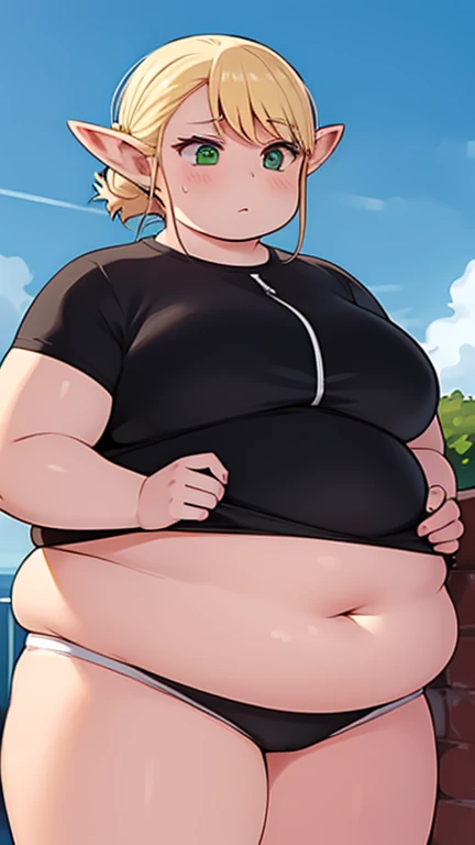 fat erufuda, short hair, pointy ears, obese elf, blonde hair, (green eyes:1.5), braid, chubby body, chubby belly, strong arms, thick thighs, very cute, 4K