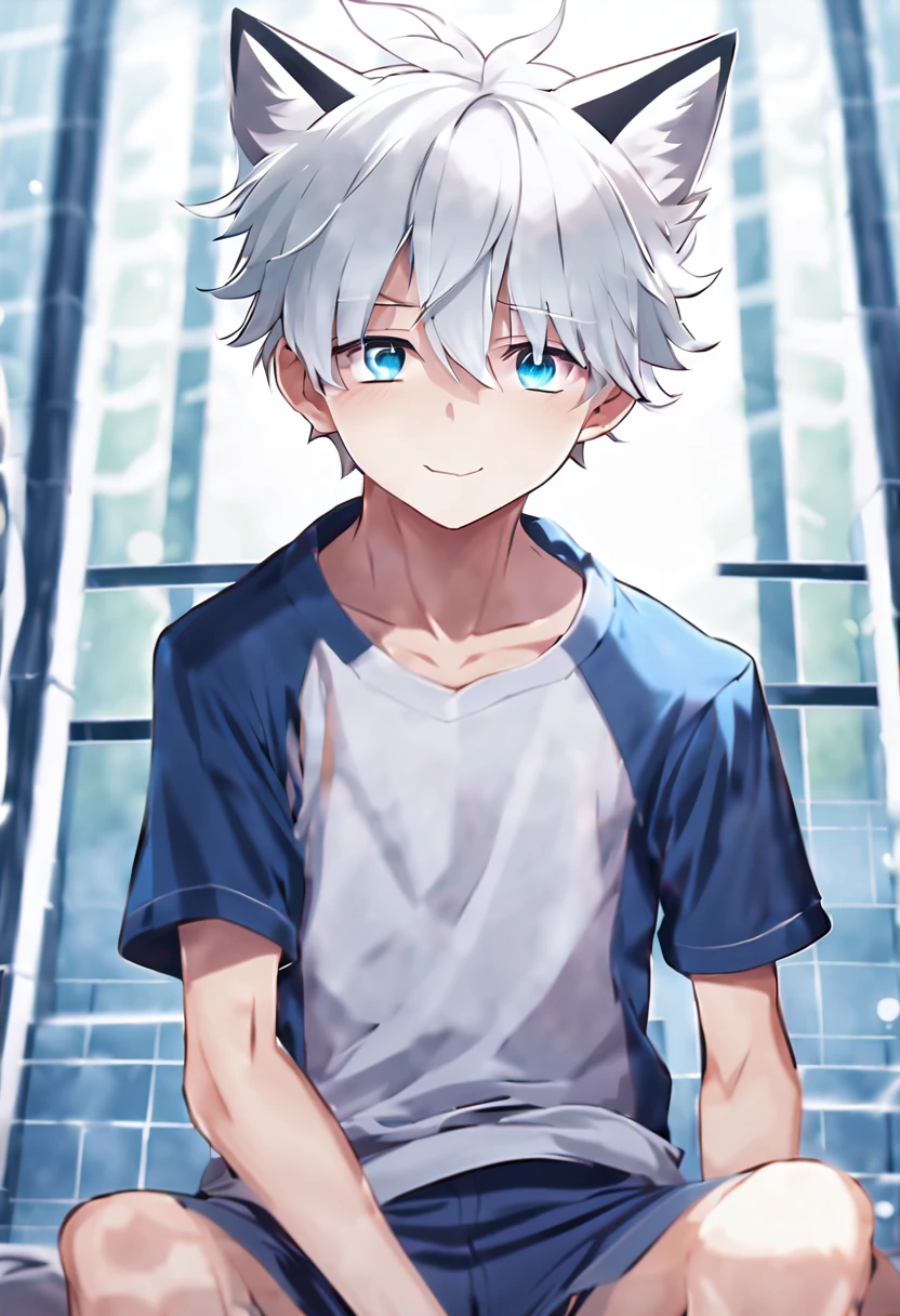 masterpiece,best quality,8K quality,unparalleled clarity,best strokes,full body character,panoramic, delicate face,Fine fingers of a boy,sports student,Handsome boy,Lovely,12 years old,Shota,abdominal muscles(0.5),anime characters,White fox ears,heterochromatic eyes,look at the audience,sneering,male focus,Gray hair is messy,Take a shower in the shower,Clear background image