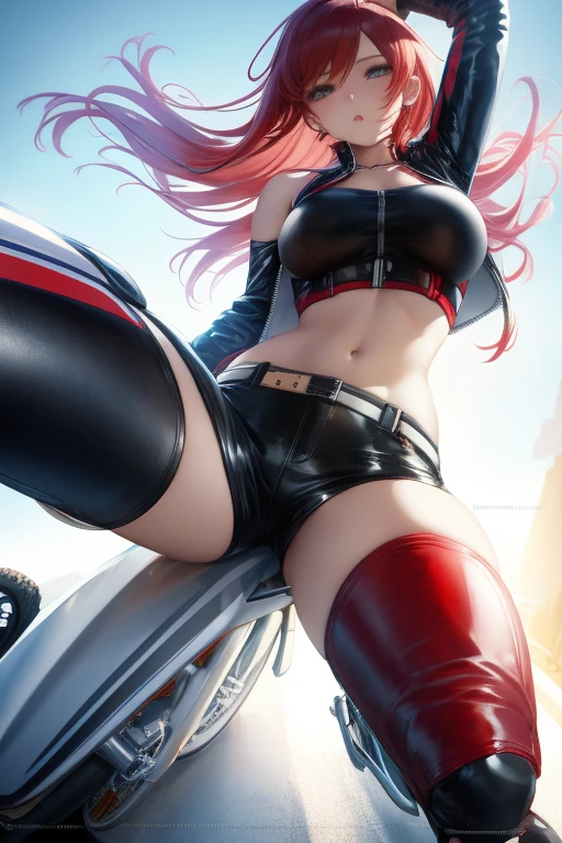 masterpiece, high quality, best quality, beautyfull face, 1girl, wide shot, (Overhead view),dynamic angle, (photo realistic:1.5), (riding motorcycle:1.4), white crop top, leather short shorts, oversized leather jacket, bare shoulders, silver hair, medium breasts, long hair, red color motorcycle, wide hips, leaning to the side, legs up,