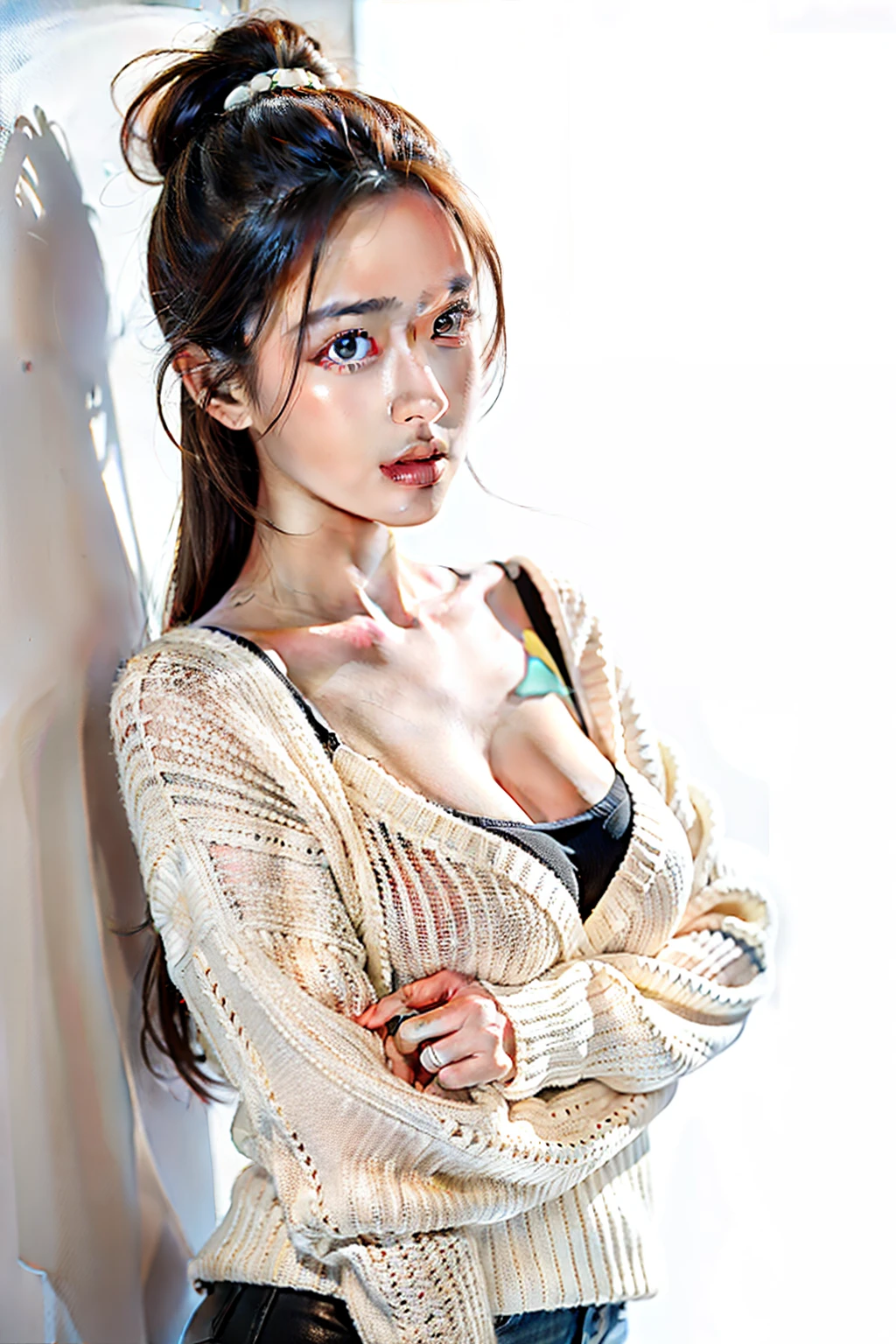 1girl,sweater,white background, breast,