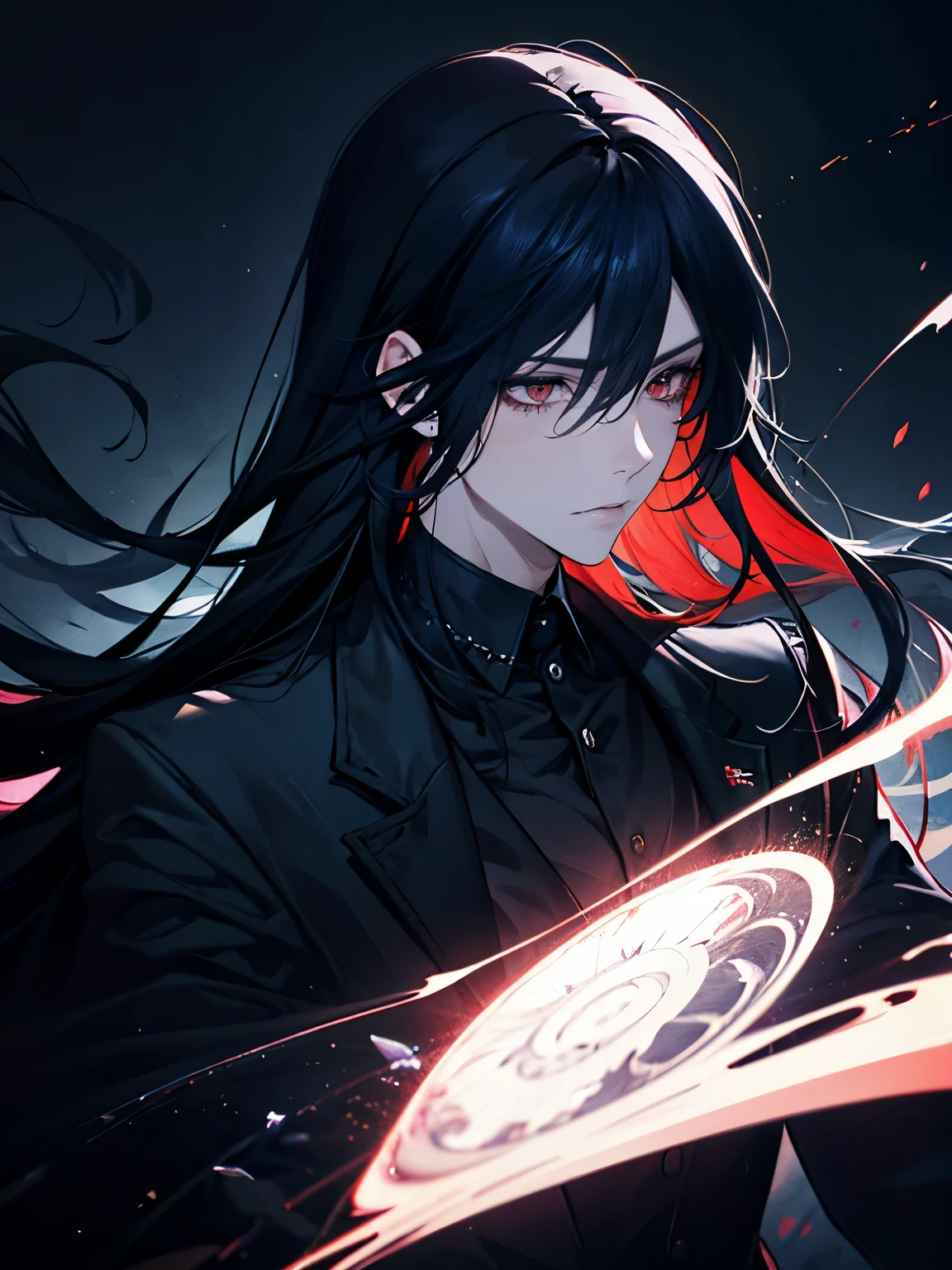 1man，Masculinity，Gorgeous dark atmosphere, man in black suit，red eyes，Long pure black hair，late night，Very long black hair