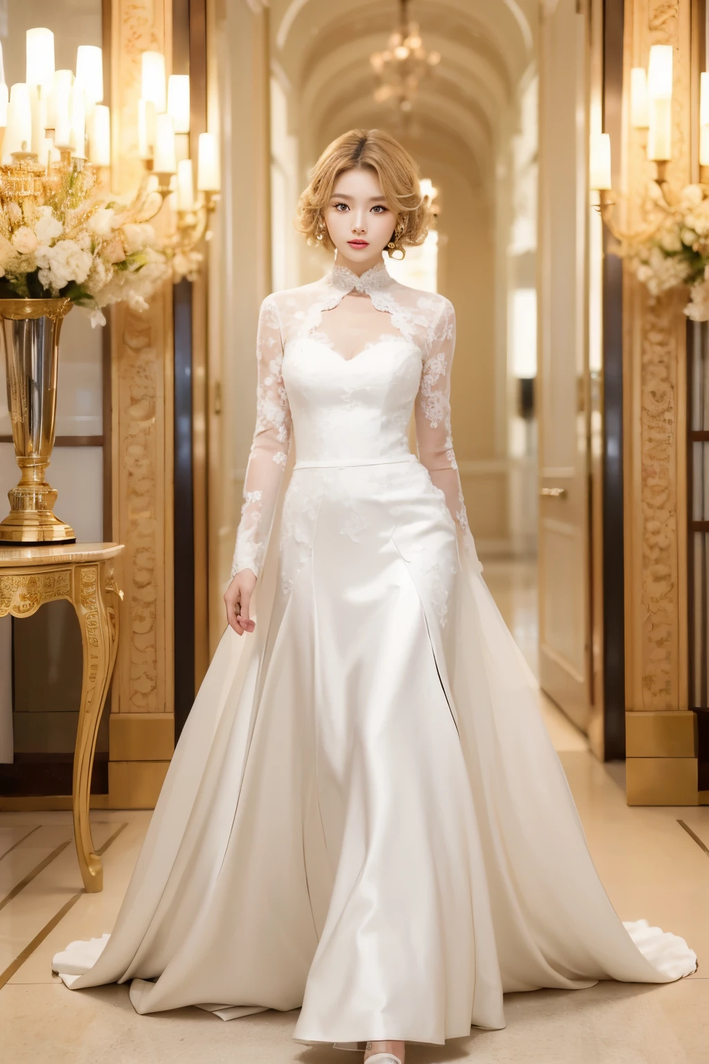 very beautiful Korean woman, perfect face, short blonde curly hair, she is walking on a fashion catwalk in an elegant all-white designer ornate wedding dress, wears earrings, she is being photographed