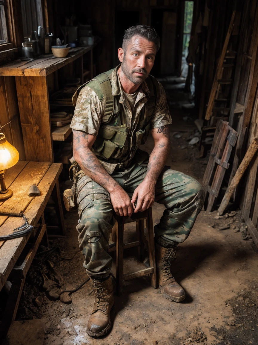 front view, man 38 years old with machine gun, mercenary, sitting on a wooden stool, strong sweaty and stained with mud body, camouflage makeup on his face, wearing an old dirty military vest, old military pants, lace-up military boots, old dirty wooden floor, dark interior of a wooden barracks without windows, dark atmosphere, old torn posters on the walls, garbage on the floor, lamp light of one lamp from above, raytracing, photorealistic, Dark
