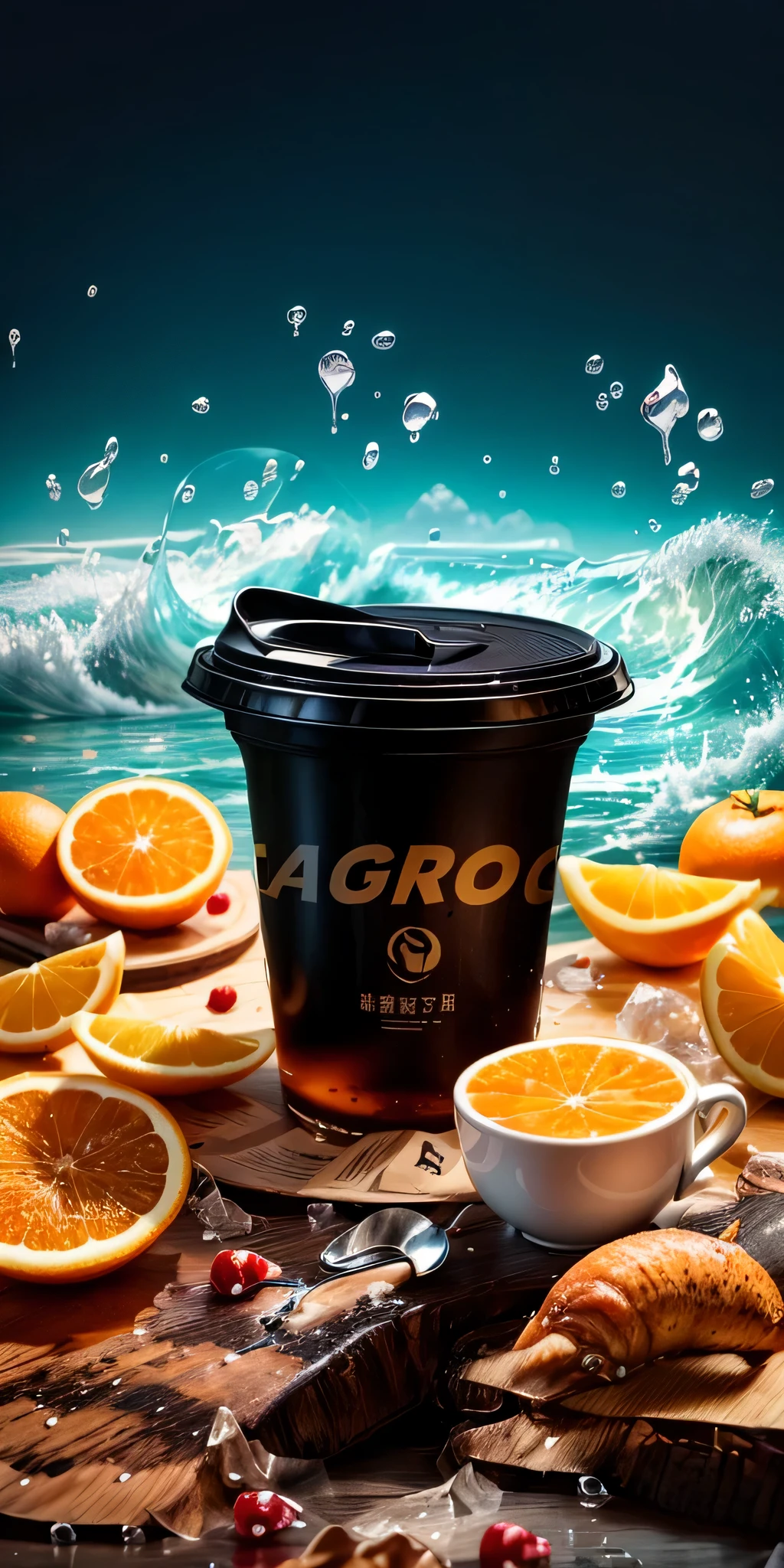There is a bucket of oranges and a cup of coffee on the table, paper cup, Promotional renderings, commercial product摄影, advertisement photography, coffee mug, foods, 官方product图片, f 2. 0, Refreshing, promotional photography, drink, product, 3Dproduct渲染, describe, Good morning, product摄影, group picture, Super realistic food pictures