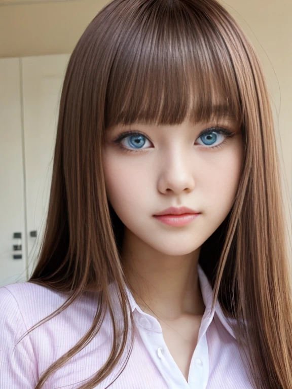 crystal clear big blue eyes、Super Long Platinum Blonde Hair、Bangs between the eyes、Smooth ultra silky straight hair、Pink school uniform、shiny young white beautiful skin、Sexy and very beautiful good looks、Beautiful and cute face、very beautiful 17-year-old girl、Large breasts