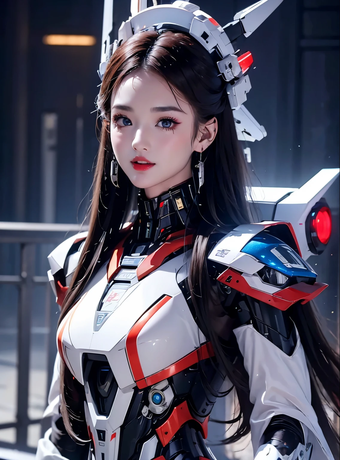 rough skin, Super detailed, advanced details, high quality, better quality, High resolution, 1080P, hard disk, beautiful,(Iron Patriot),beautifulサイボーグの女性,Mecha cyborg ,battle mode, with mechanical body,She wears a futuristic Iron Patriot mech,full body shot