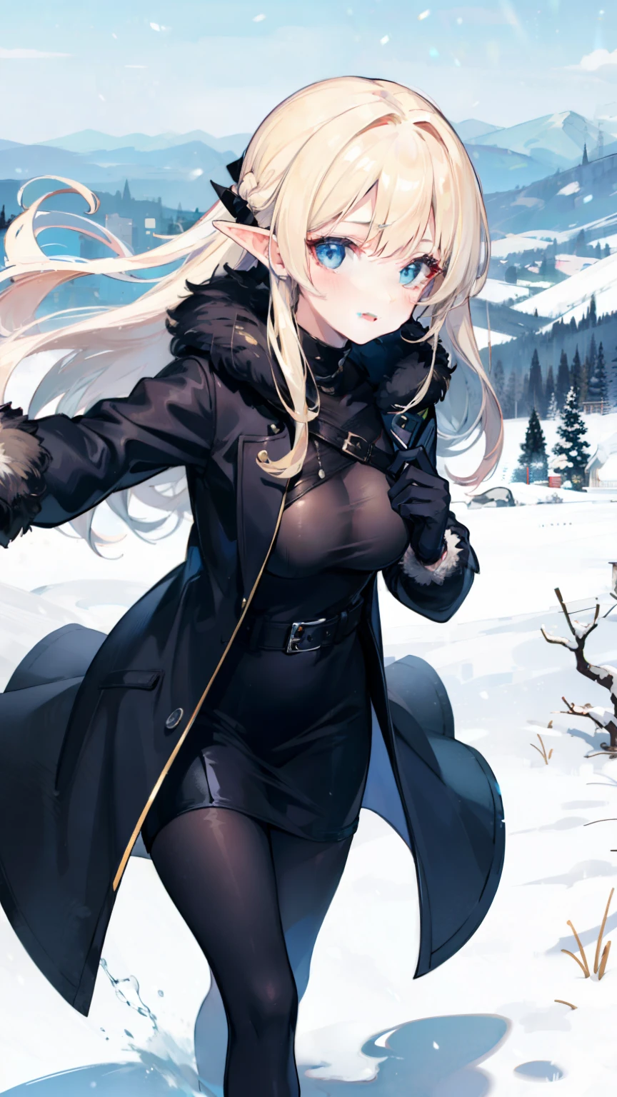 , 8K, highest quality,girl,embarrassing, delicate hands,slender,blonde,long hair,straight hair,beautiful hair,blue eyes,big breasts,elf ears,snow scene,fur,coat,sweater,woolen gloves