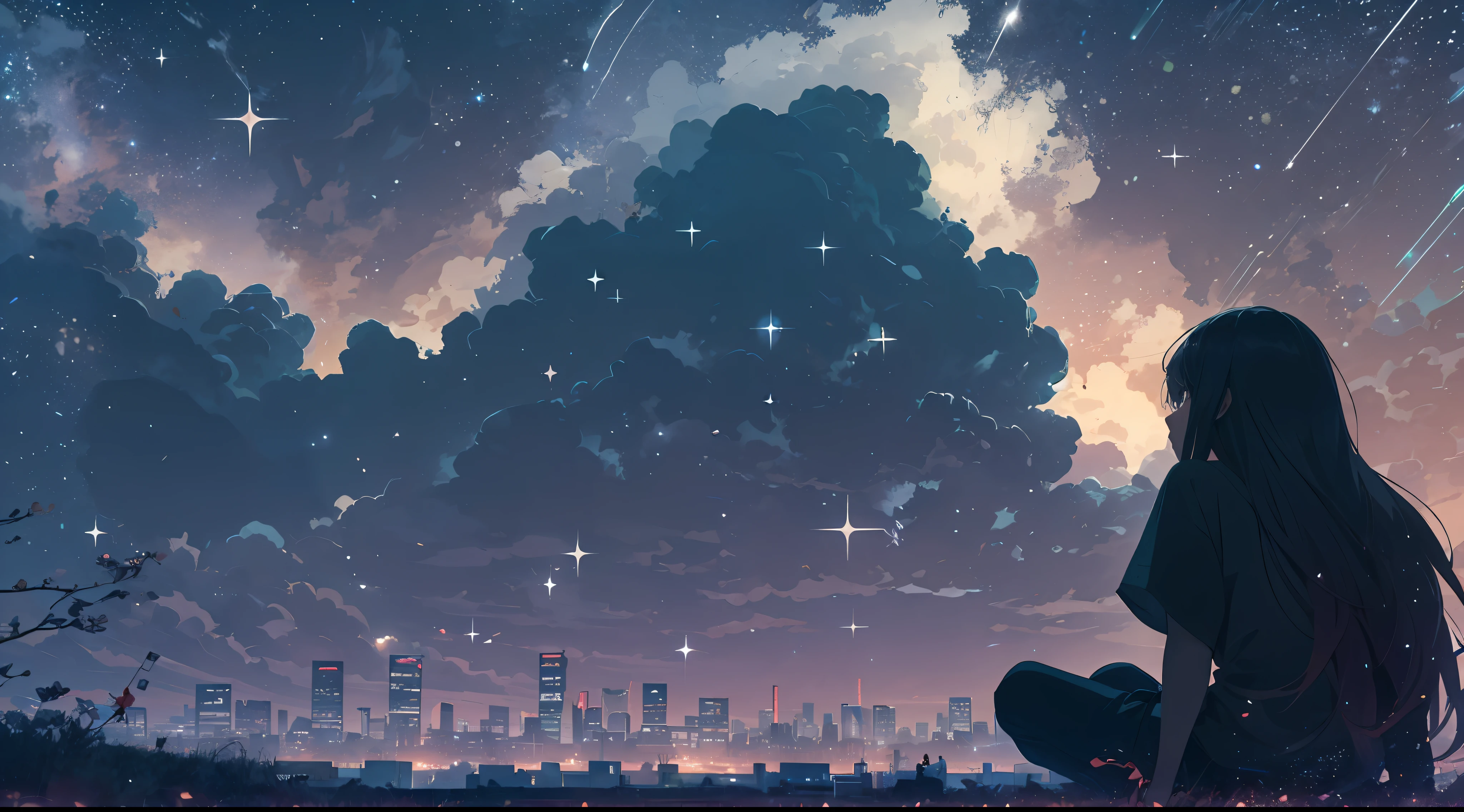 octans, sky, star (sky), scenery, starry sky, night, 1girl, night sky, solo, outdoors, building, cloud, milky way, sitting, tree, long hair, city, silhouette, cityscape