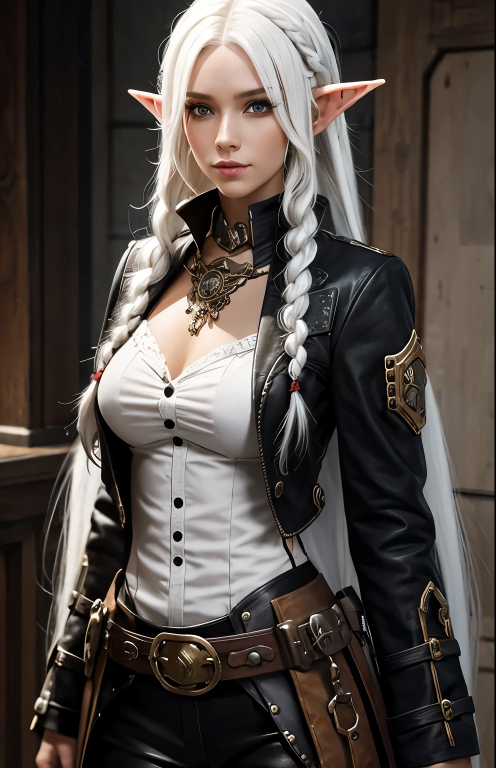 1girl, black elf, gunslinger, long White hair, with braids, steampunk