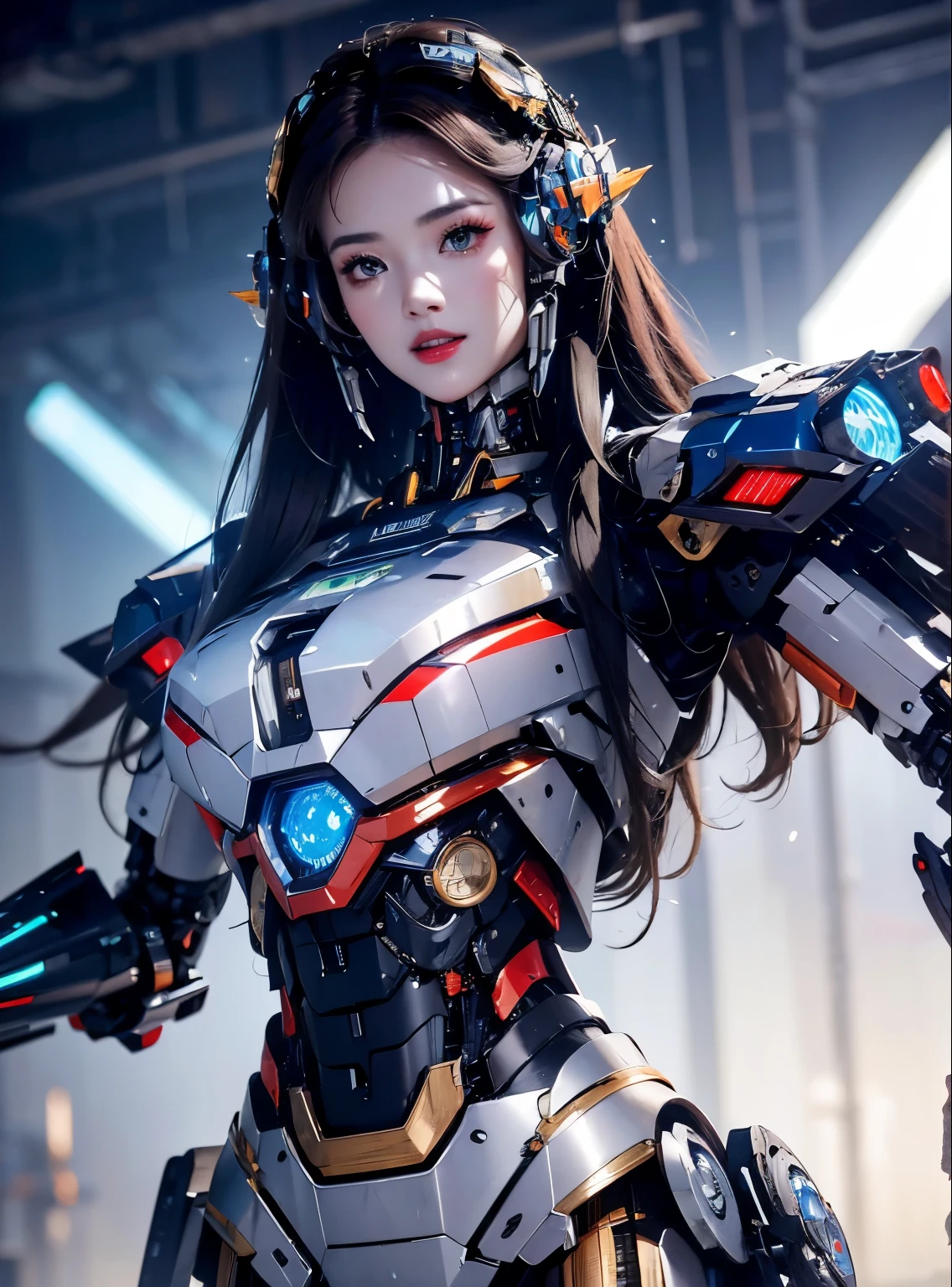 rough skin, Super detailed, advanced details, high quality, better quality, High resolution, 1080P, hard disk, beautiful,(Iron Patriot),beautifulサイボーグの女性,Mecha cyborg ,battle mode, with mechanical body,She wears a futuristic Iron Patriot mech,full body shot