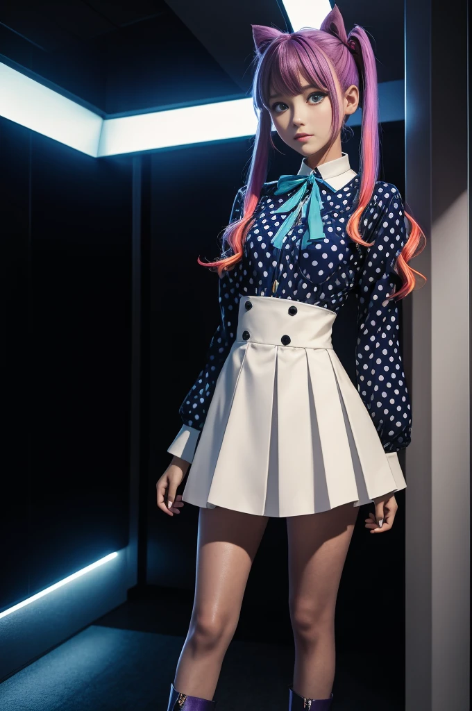 Cute Redhead, idol sculpture, With rainbow colored hair, ribbon in her hair, 18 year old female, Happy, With twin tails, Perfect symmetrical eyes, clear shining blue eyes, white skin, Silky smooth skin, Standing on top of a flashy, luxurious spaceship, big futuristic hallway, Control panel, wood trim, Decorative plants, warm lighting, wearing a futuristic party dress, pleats (shirt) mini dress (Pastel rainbow colors, and polka dots), wearing pantyhose all over, cute short cut boots.