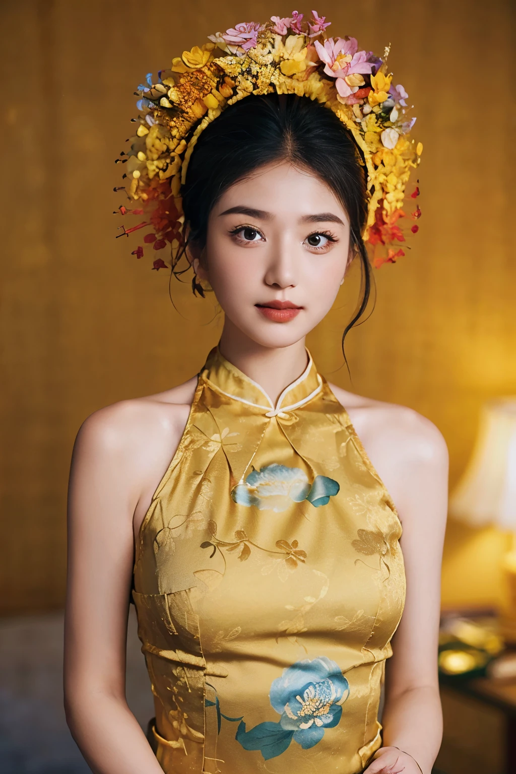 1 girl, smile, xunpu, chinese clothes, yellow dress, flower print, hair flower|blue, lake, floral , ((floral background))8k,,sexy,(realistic:1.1), (photorealistic:1.1), (masterpiece:1.1), (best quality:1.1), RAW photo, highres, ultra detailed, High detail RAW color phot