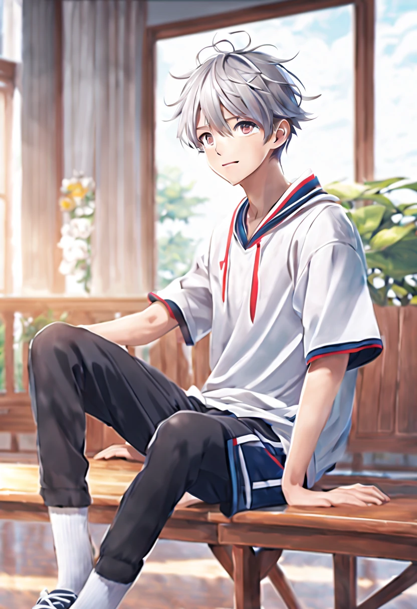 masterpiece，best quality，4k quality，unparalleled clarity，full body character，panoramic， delicate face，
 a boy，sports student，Handsome boy，Lovely，12 years old，Shota，anime characters，heterochromatic eyes，look at the audience，giggle，male focus，Gray hair is messy，sportswear，leggings，Lift your pants，Open your legs to the audience，sitting position，white socks，Living room background picture clear