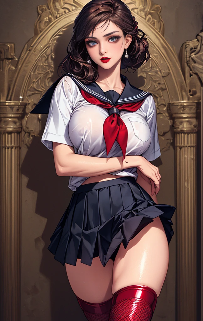 (((master piece,Best Quality,highest quality,Ultra-detailed,ultra high resolution,extremely detailed CG unity 8k wallpaper,Illustration,Detailed skin,Shiny skin,Realistic,Beautiful detailed eyes,luscious eyes,striking eyes,Perfect Anatomy, gleaming skin))),oily skin,1girl in, school uniform, serafuku, pleated skirt, sailor collar, white shirt,schooltights,pumps ,(((red shine lips))),Fishnet tights ,(((cowboy shot))),(((half updo,red lips))),large breast,